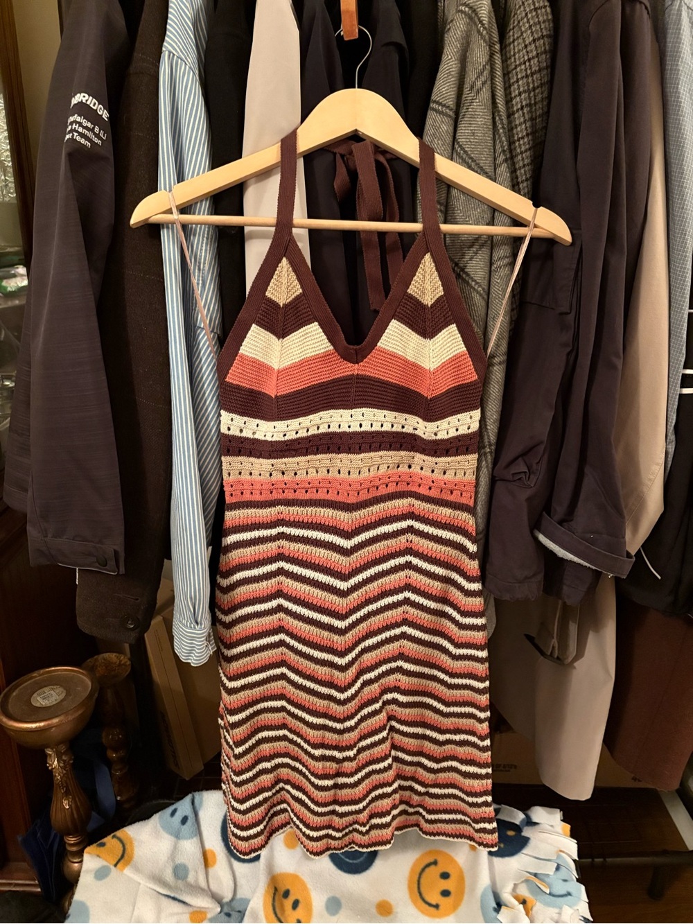 Streetwear Society Striped Crochet Halter Dress — Brown, Coral & Cream